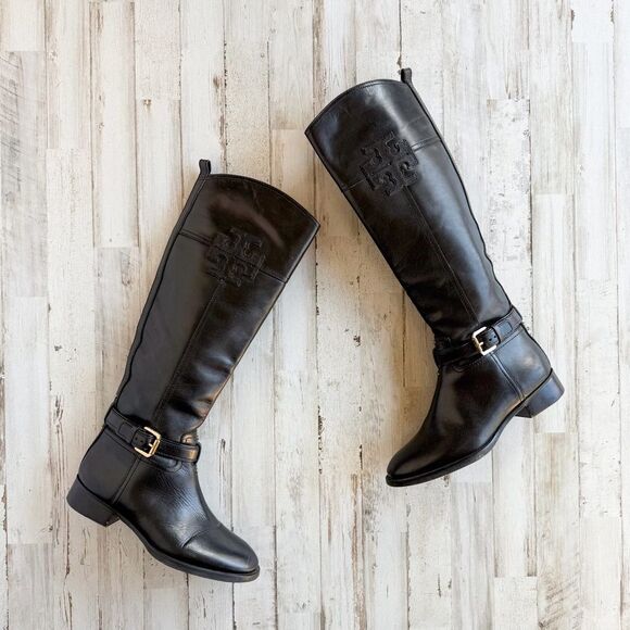 Tory Burch Blaire Tall Riding Boots Women’s Size 6 Black Leather Gold Hardware - Picture 2 of 16